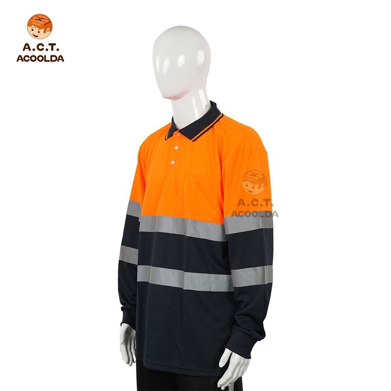reflective polo shirt long sleeve, safety polo with reflective stripes, custom logo polo shirt for delivery riders, courier uniform polo wholesale, bulk hi-vis polo manufacturer, long sleeve work polo with reflective bands, OEM reflective polo factor