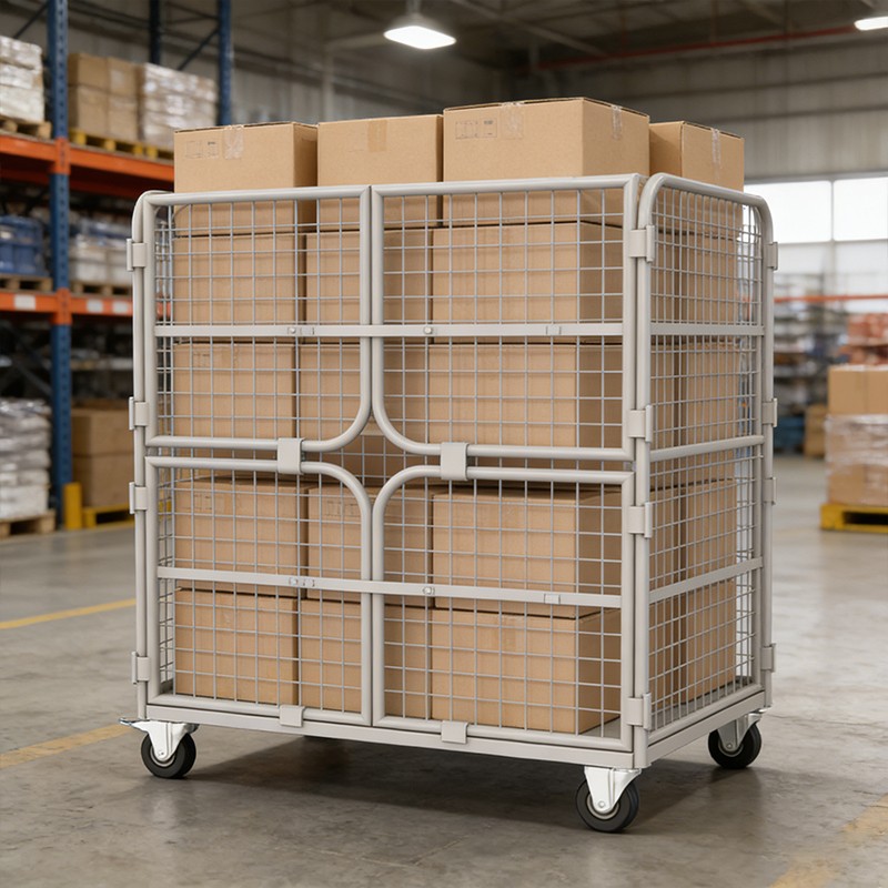 Security Roll Cage, Wire Mesh Warehouse Trolley, Detachable Door Roll Container, Reinforced Cargo Cage, B2B Logistics Equipment, Mesh Parcel Trolley, Custom Industrial Roll Cage, Nestable Mesh Trolley.