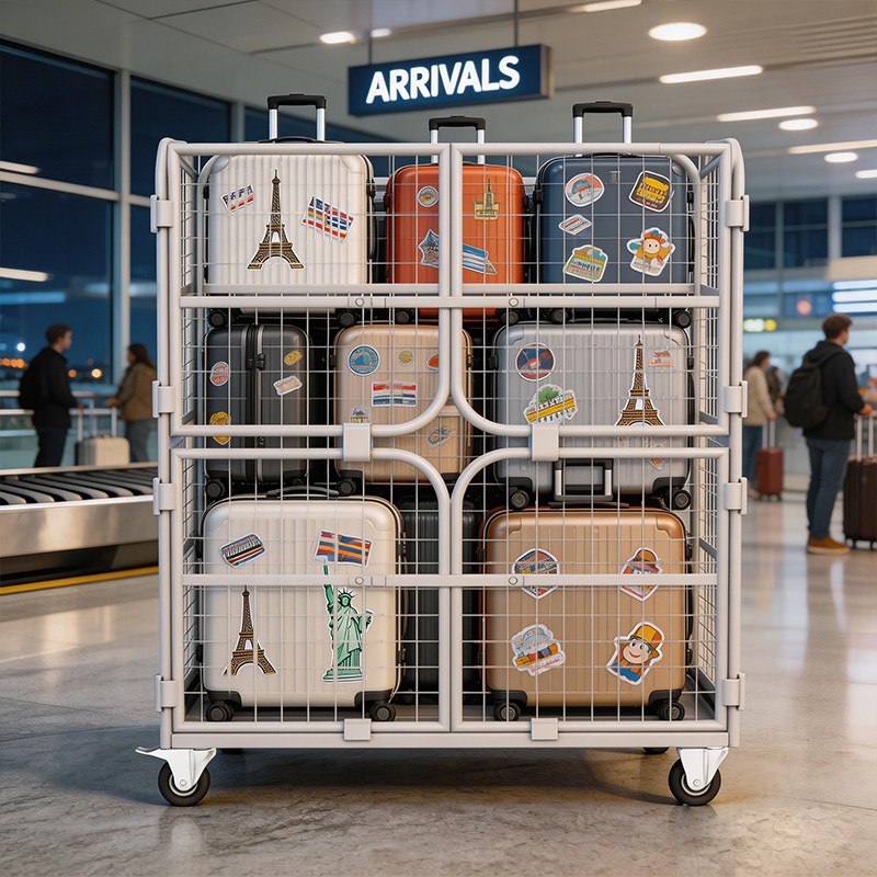 airport baggage cage, luggage transit trolley, hotel luggage cart, secure roll container, aviation logistics cage, airport sorting trolley, high-capacity baggage cart, lockable mesh cage, luggage storage bin, terminal transport trolley