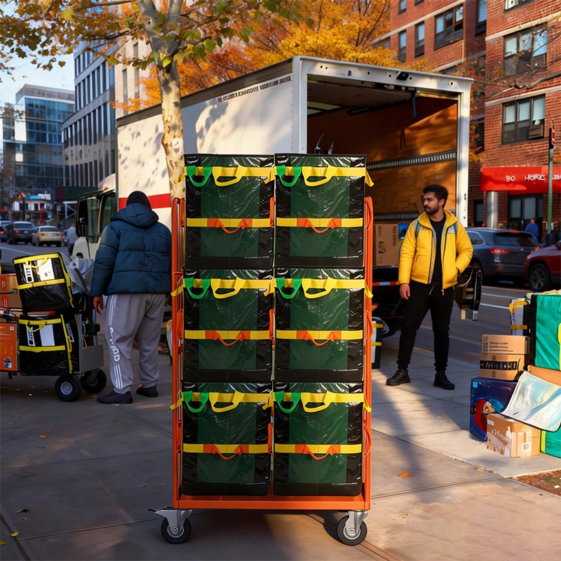 last-mile delivery cage, urban logistics trolley, food delivery roll cage, courier sorting trolley, grocery distribution cart, insulated bag transport, industrial mesh cage, warehouse picking cart, slim roll container, delivery hub equipment